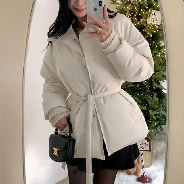 HOTPING-High-Neck Padded Jacket with Sash