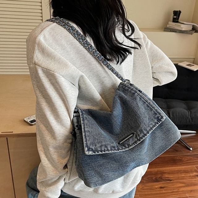 HOVERUP-Chain Strap Washed Denim Flap Crossbody Bag