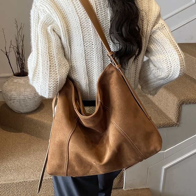HOVERUP-Contrast Stitched Faux Suede Crossbody Bag