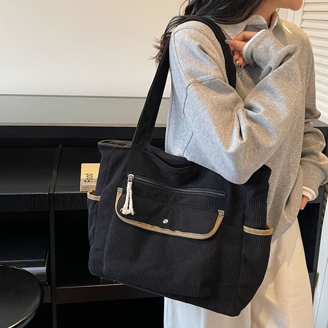 HOVERUP-Contrast Trim Corduroy Tote Bag