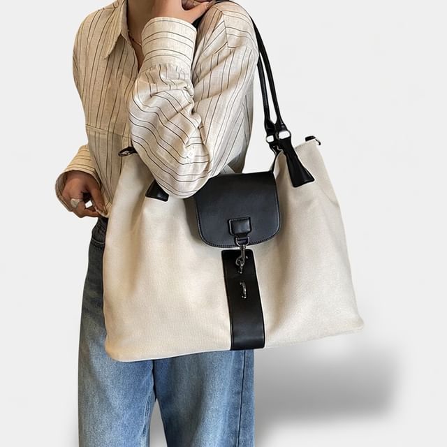 HOVERUP-Faux Leather Panel Canvas Tote Bag