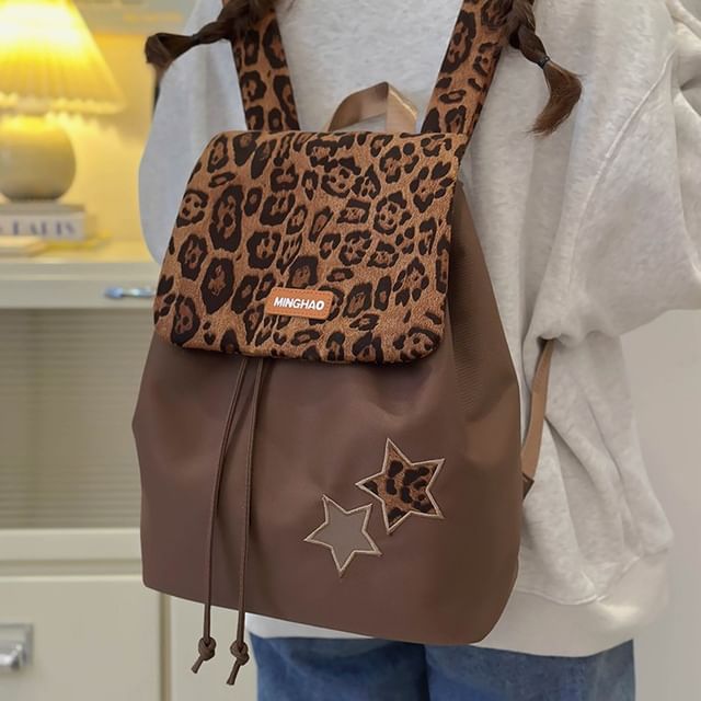 HOVERUP-Leopard Print Drawstring Flap Laptop Backpack