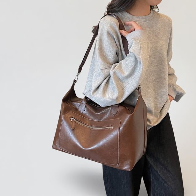 HOVERUP-Plain Faux Leather Carryall Bag