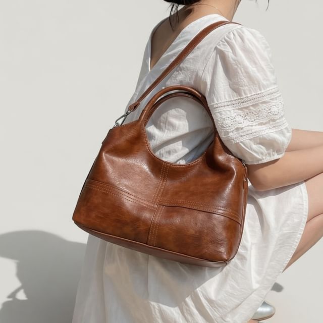 HOVERUP-Plain Faux Leather Crossbody Tote Bag