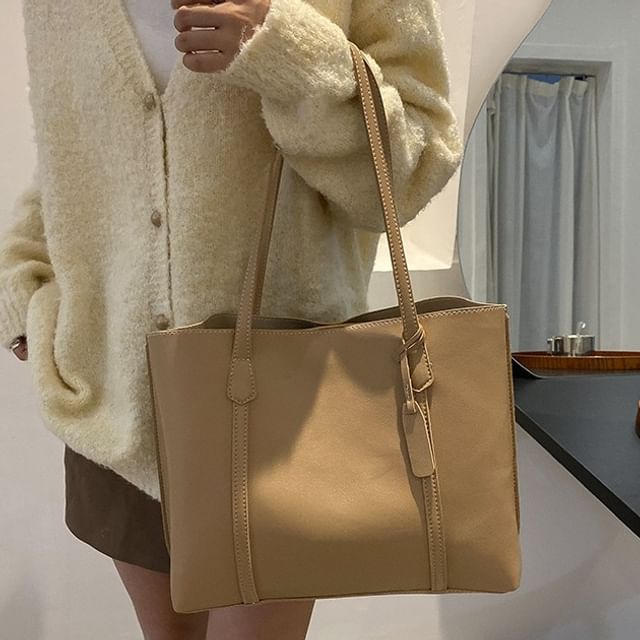 HOVERUP-Plain Faux Leather Tote Bag