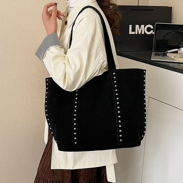 HOVERUP-Studded Faux Suede Tote Bag
