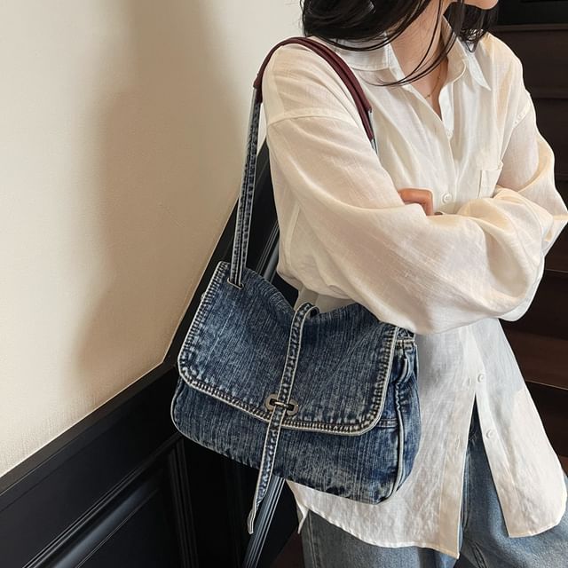 HOVERUP-Washed Flap Denim Tote Bag
