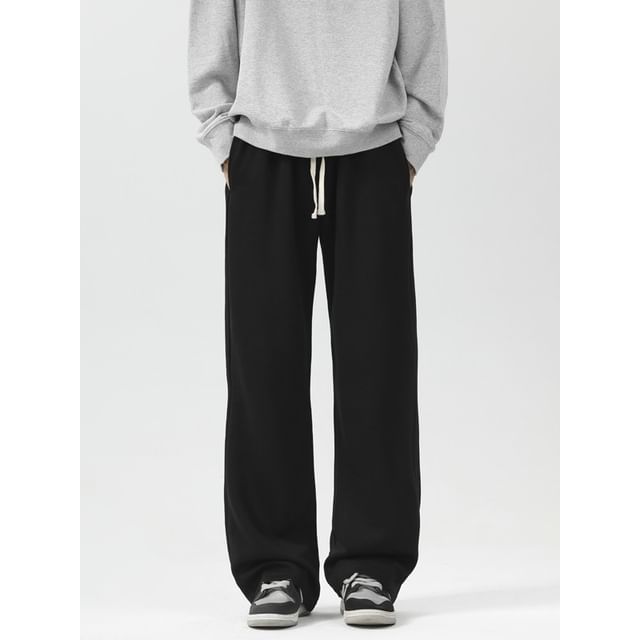 Hushgrain-Drawstring Waist Plain Loose Fit Sweatpants