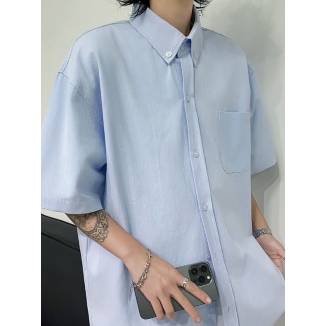 Hushgrain-Elbow-Sleeve Button-Up Plain Shirt