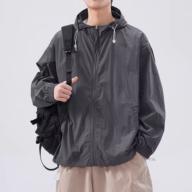 Hushgrain-Hooded Plain Zip-Up Jacket