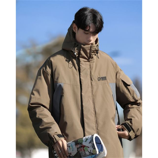 Hushgrain-Lettering Padded Hooded Zip Jacket