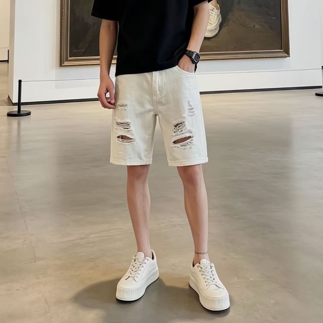 Hushgrain-Mid Waist Distressed Denim Shorts
