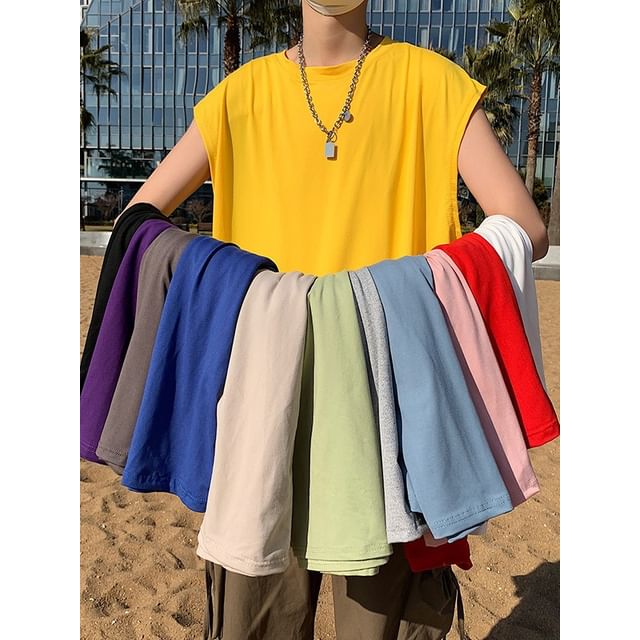 Hushgrain-Sleeveless Crew Neck Plain T-Shirt