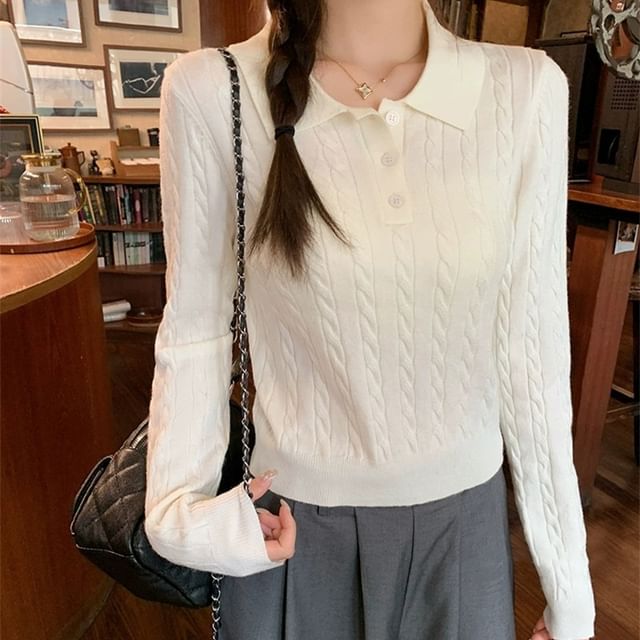 HYAKU-Collar Plain Cable-Knit Sweater