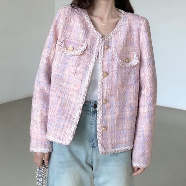 HYAKU-Crew Neck Braided Trim Button-Up Tweed Jacket