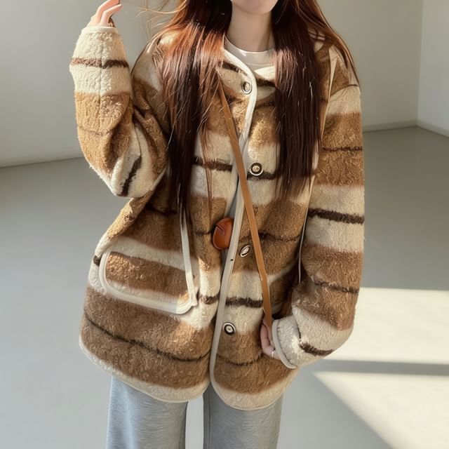 HYAKU-Crew Neck Color Block Button-Up Fleece Jacket