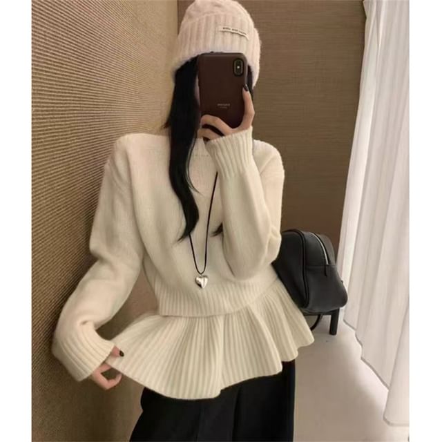 HYAKU-Crew Neck Plain Detachable Peplum Sweater