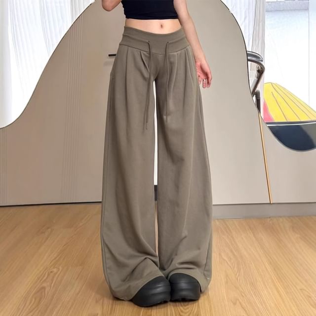 HYAKU-Drawstring Waist Plain Baggy Pants
