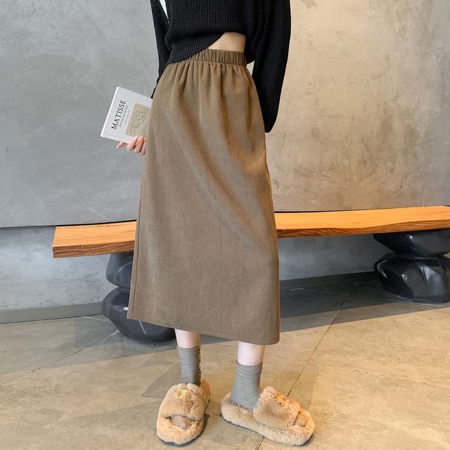 HYAKU-Elastic Waist Plain Slit Midi Straight Skirt