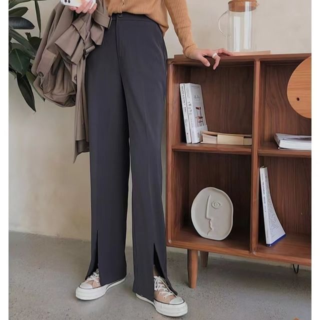 HYAKU-High Rise Plain Slit Straight Leg Slacks