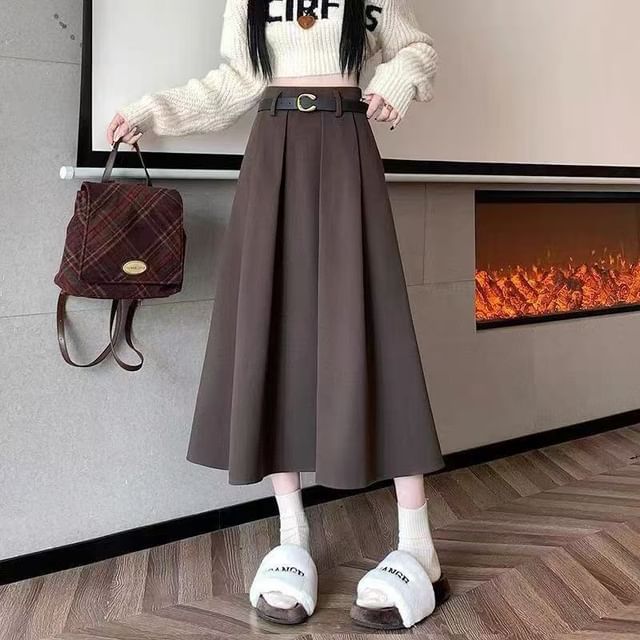 HYAKU-High Waist Plain Midi A-Line Skirt