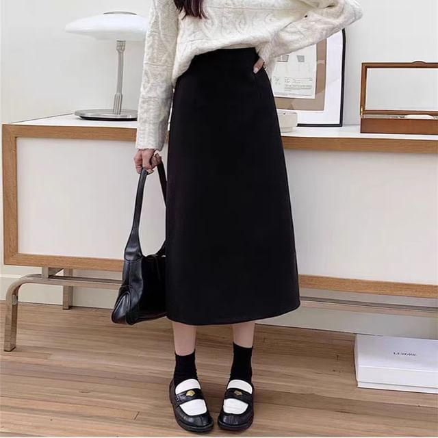 HYAKU-High Waist Plain Slit Midi H-Line Skirt