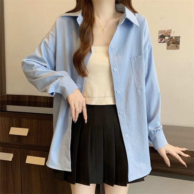 HYAKU-Long-Sleeve Button-Up Plain Shirt