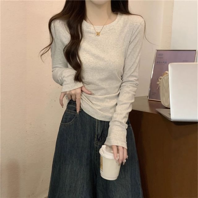 HYAKU-Long-Sleeve Crew Neck Plain Ruched Tee