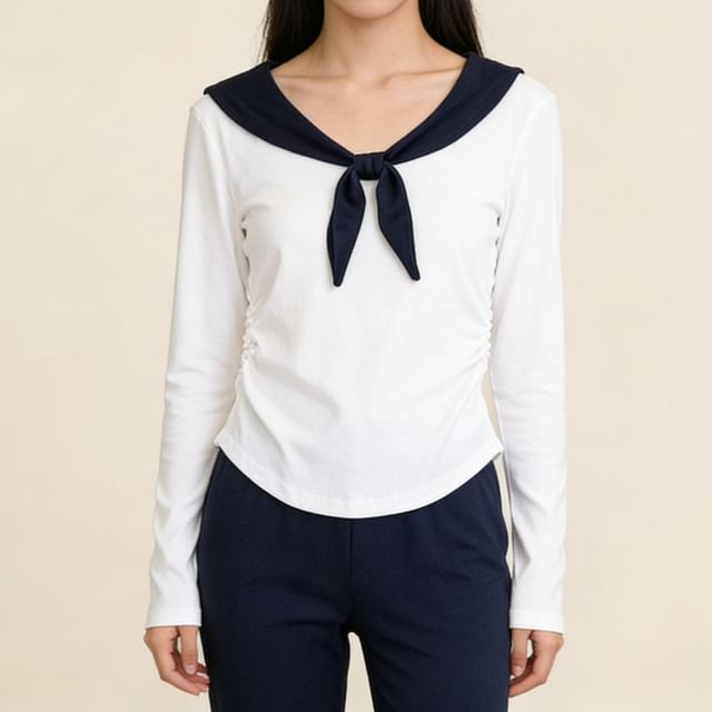 HYAKU-Long-Sleeve Sailor Collar Two Tone Top