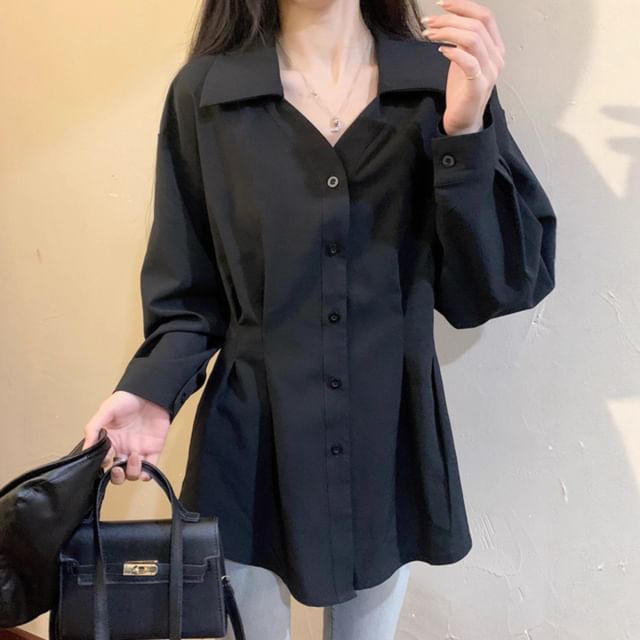 HYAKU-Long-Sleeve V-Neck Collared Button-Up Plain Blouse