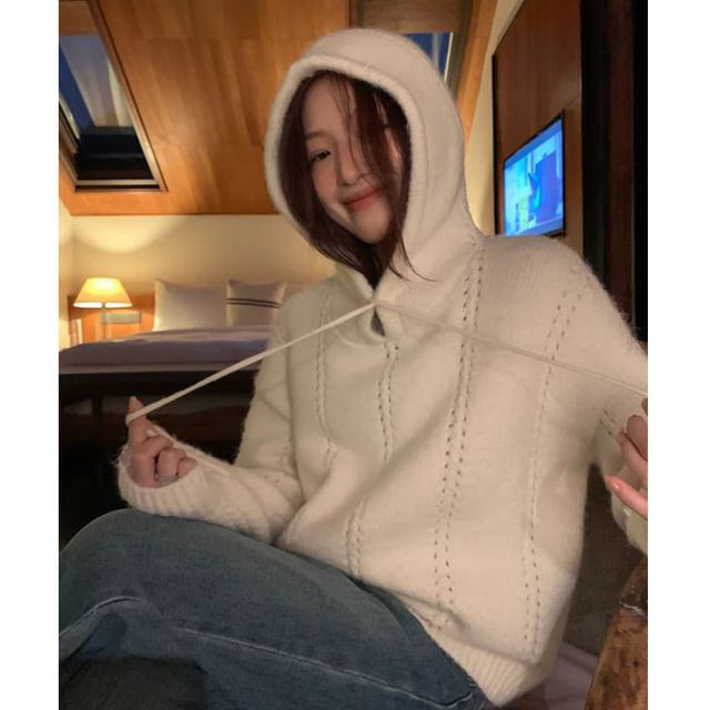 HYAKU-Plain Hooded Pointelle Knit Sweater