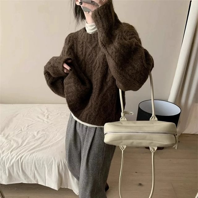 HYAKU-Round Neck Plain Cable Knit Sweater