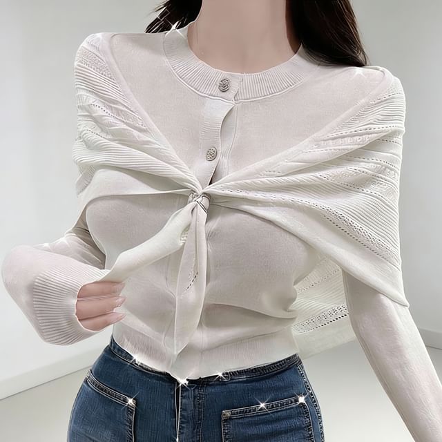 HYAKU-Set Crew Neck Button-Up Plain Crop Cardigan Shawl