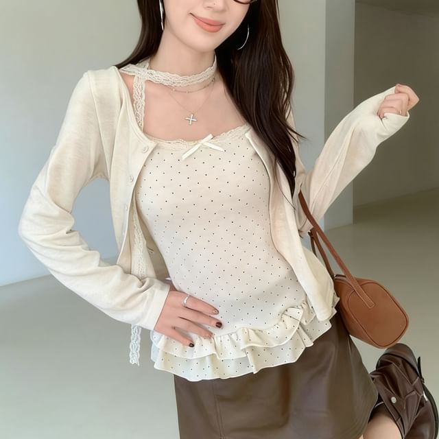 HYAKU-Set Plain Button-Up Crop Cardigan Micro Dot Lace Trim Ruffle Hem Camisole Top
