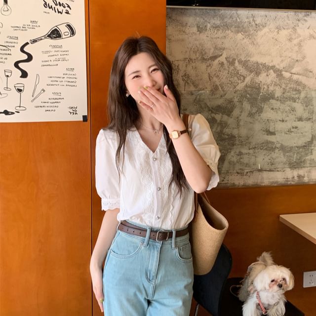 HYAKU-Short Sleeve V-Neck Plain Blouse