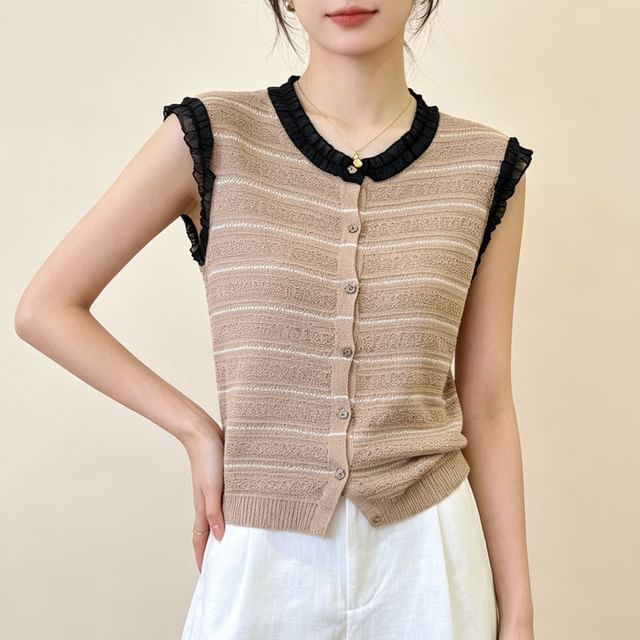 HYAKU-Sleeveless Striped Ruffle Blouse