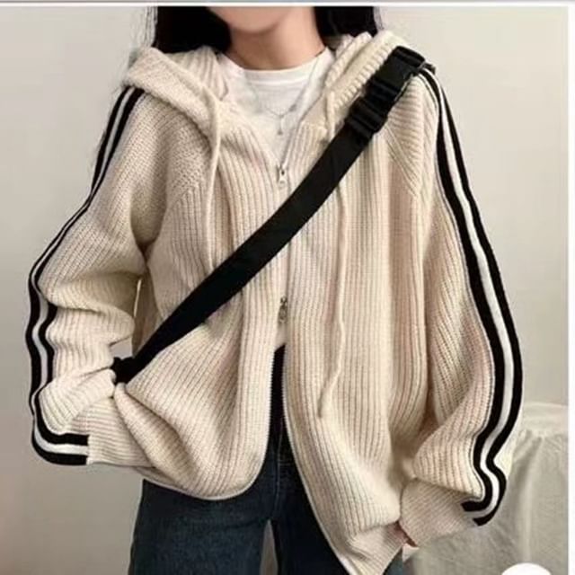 HYAKU-Striped Hooded Ribbed Zip Cardigan