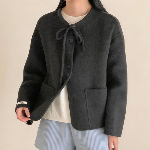 HYAKU-Tie Neck Plain Button Jacket