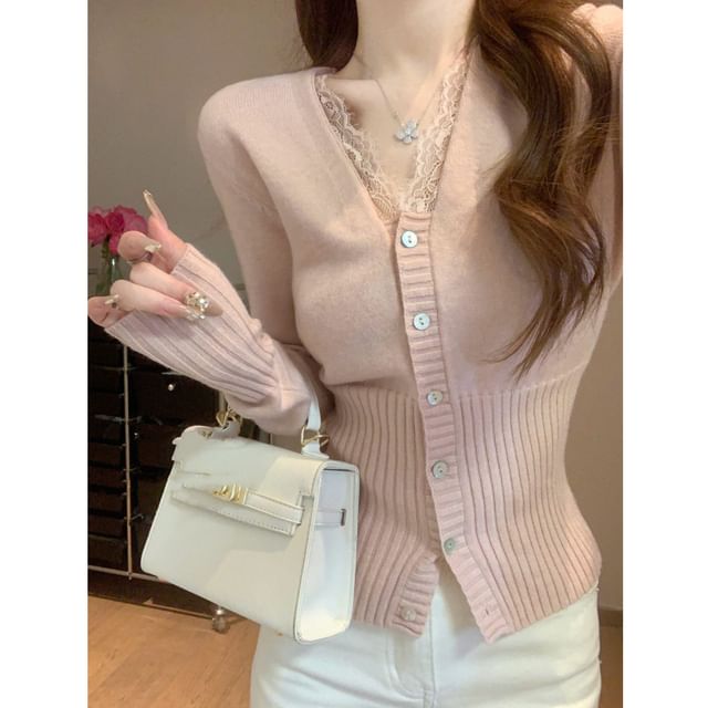 HYAKU-V-Neck Plain Ribbed Panel Lace Cardigan