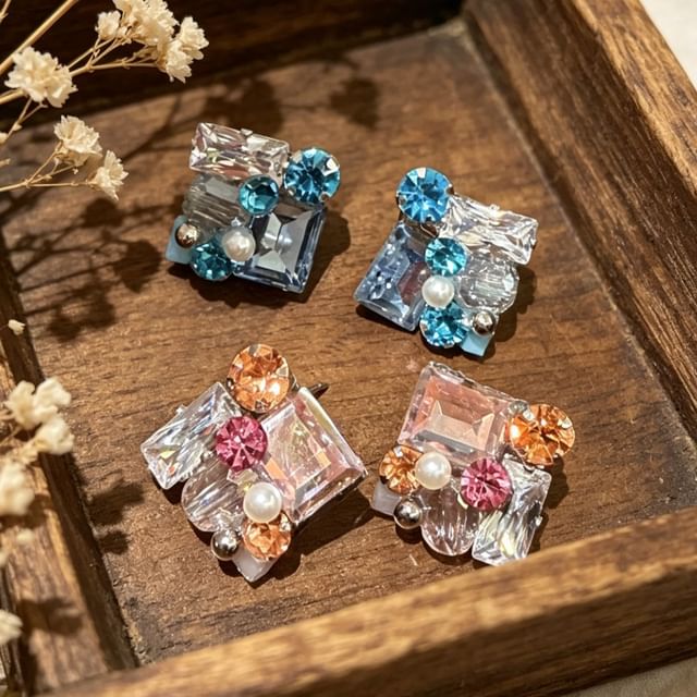 Hyeeun-Rhinestone Faux Pearl Square Stud Earring