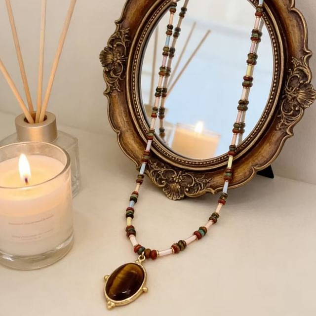 Hyeeun-Tiger Eye Oval Pendant Beaded Necklace