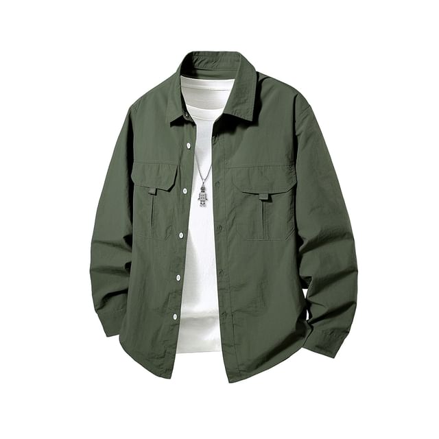 HypeFab-Long-Sleeve Button-Up Plain Shirt