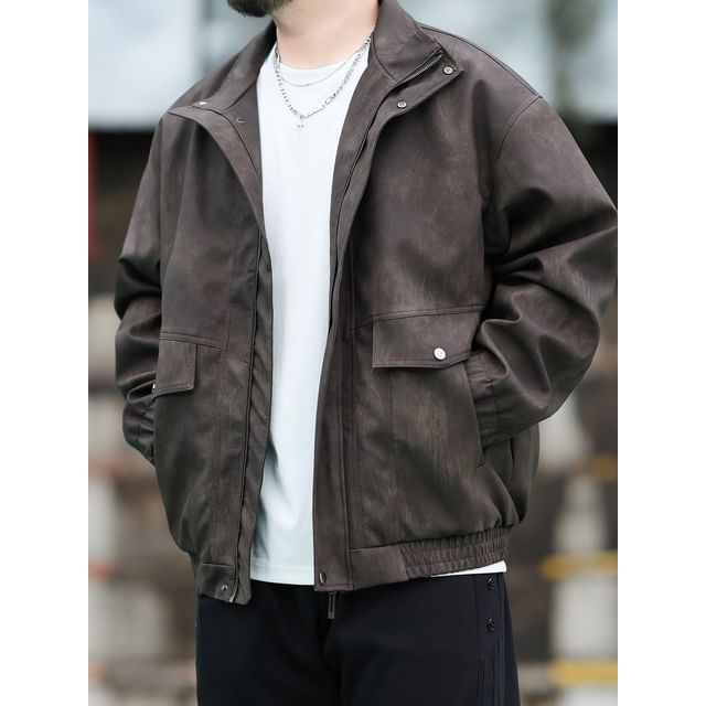 HypeFab-Stand Collar Zip-Up Faux Leather Jacket