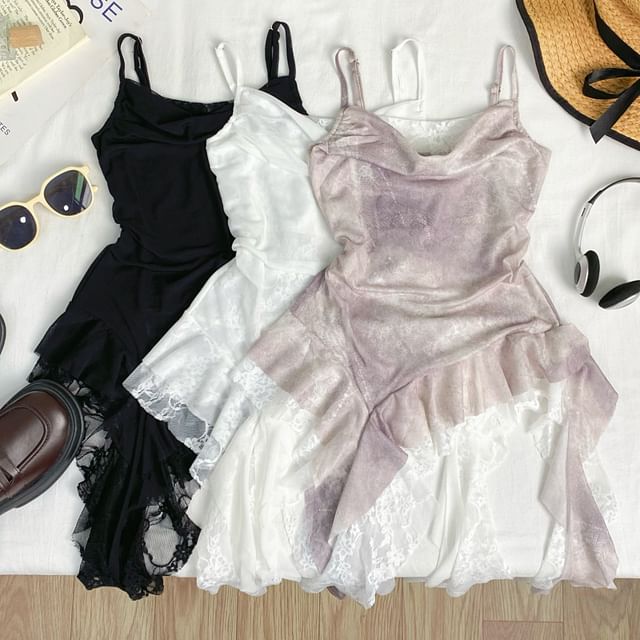 Iasia-Asymmetrical Ruffle Mesh Panel Lace Cami Top