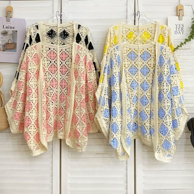 Iasia-Batwing-Sleeve Argyle Print Open Front Cardigan