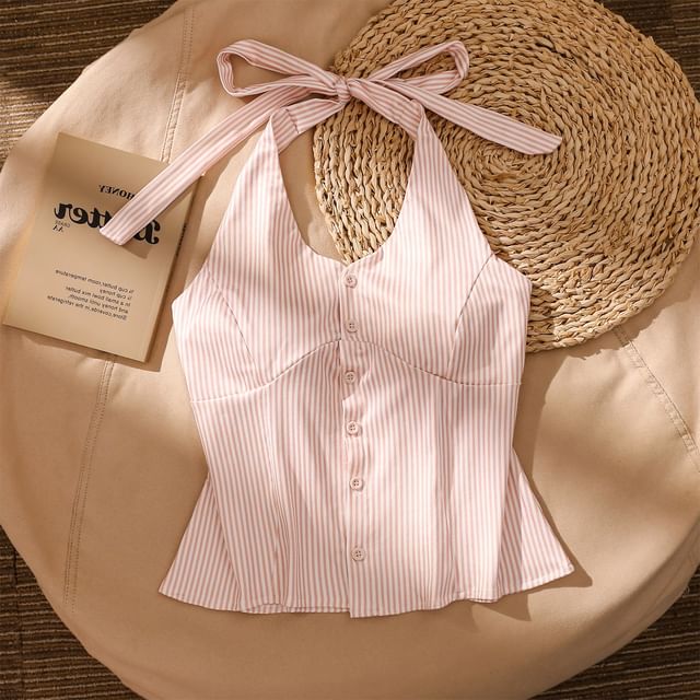Iasia-Bow Halter Neck Striped Button Up Camisole Top
