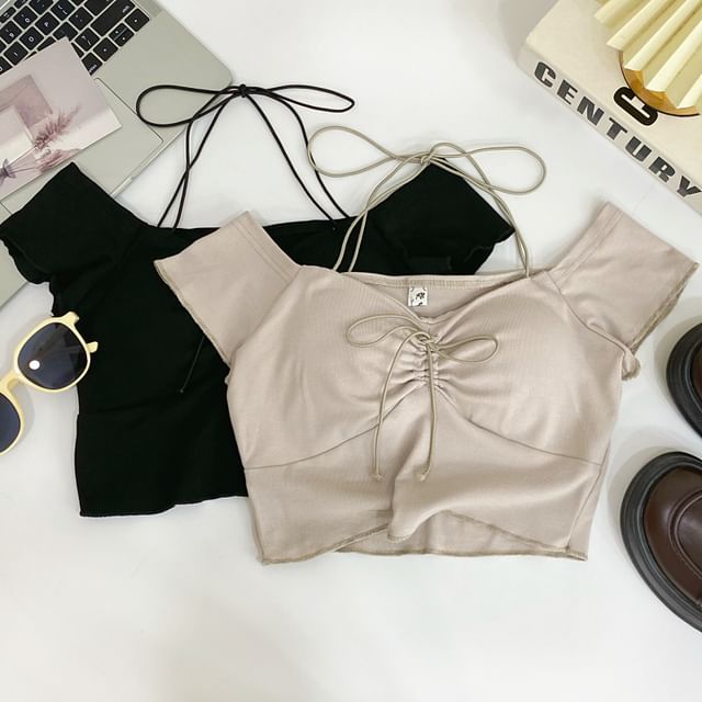 Iasia-Cap Sleeve Sweetheart Neck Plain Drawstring Crop Top