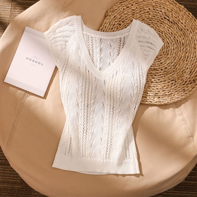 Iasia-Cap-Sleeve V-Neck Plain Knit Top