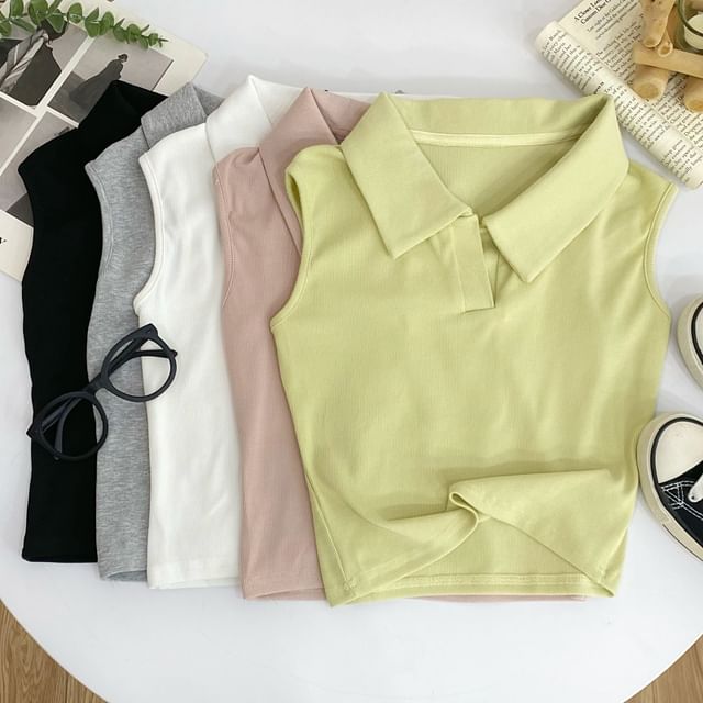 Iasia-Collared Plain Crop Tank Top