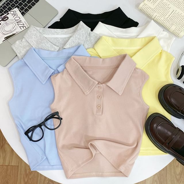 Iasia-Collared Plain Ribbed Crop Tank Top